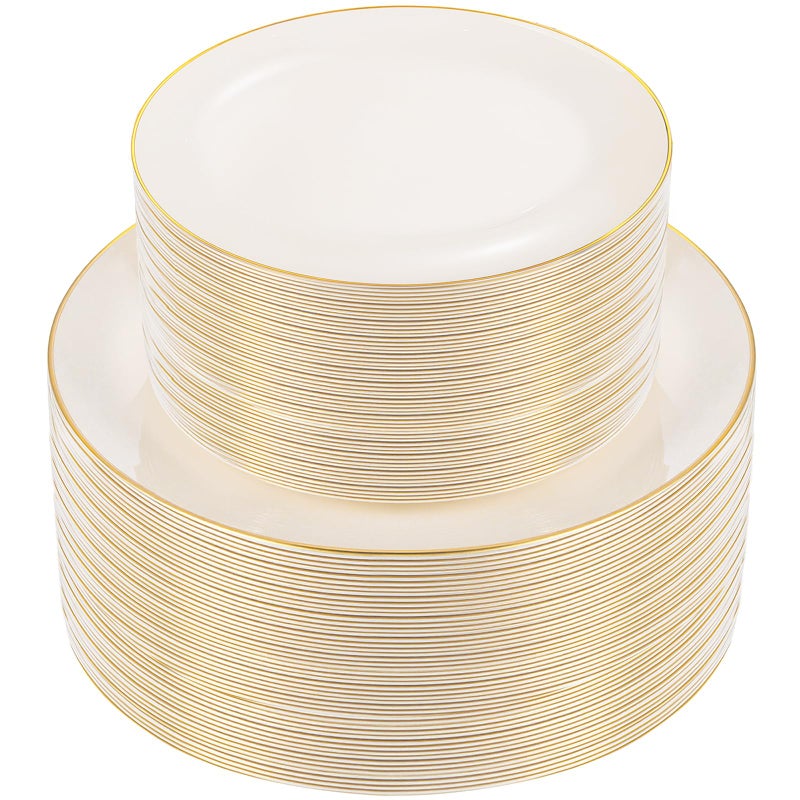 PULOTE 100PCS Ivory Plastic Plates Cream Plastic Disposable Heavy Duty for Party Thanksgiving Include 50 Each Dinner Dessert Plates